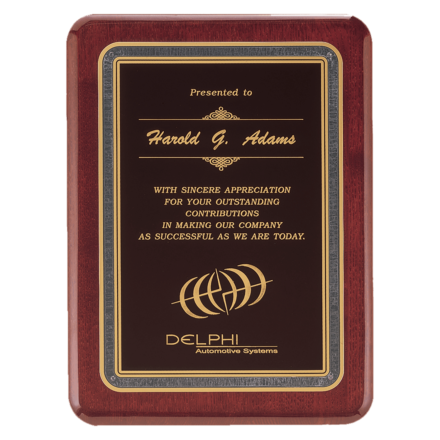 9" x 12" Rosewood Piano Finish Plaque with Florentine Design - Black & Gold Plate