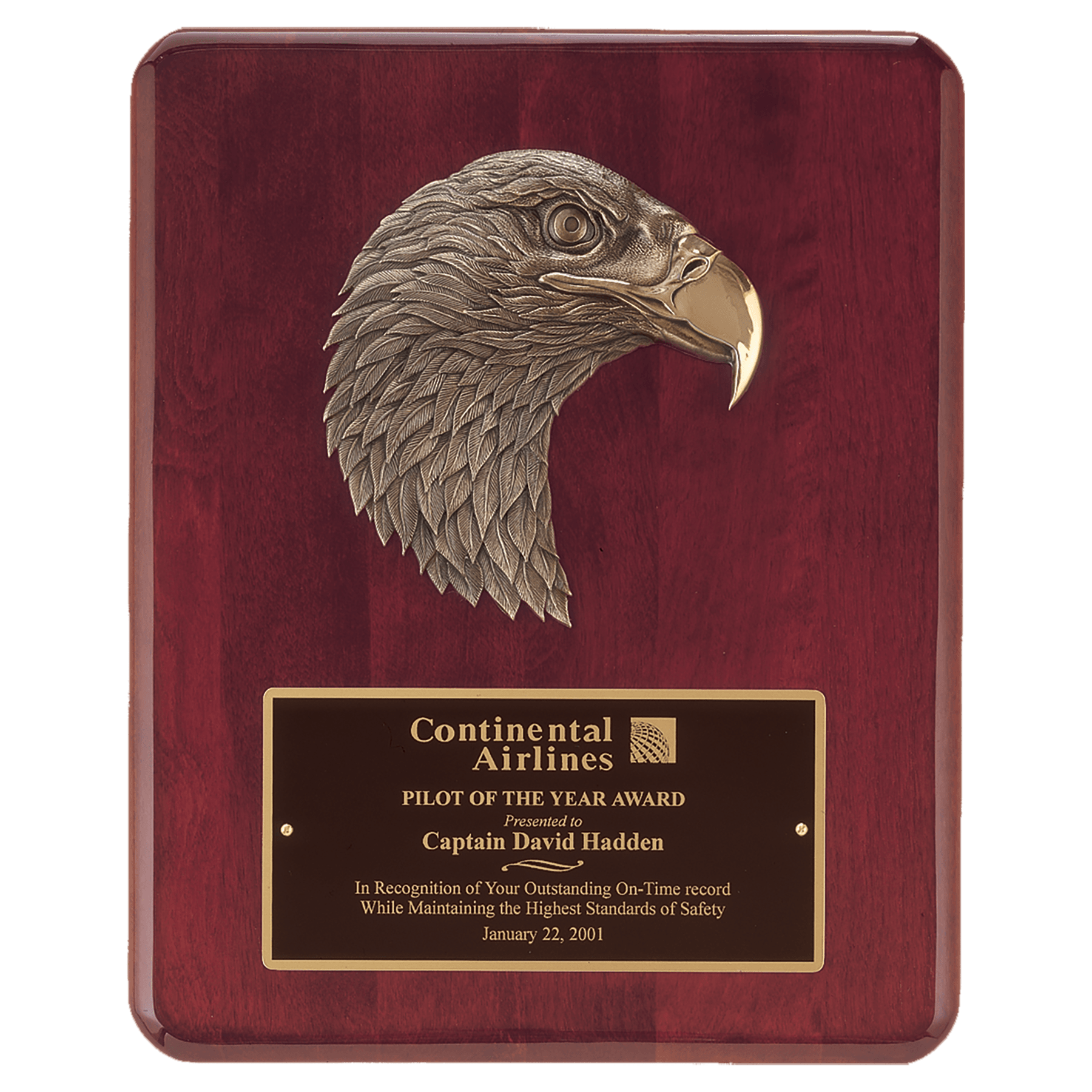 Rosewood piano finish eagle plaque with detailed bronze eagle head casting and black brass engraving plate, 8 by 10.5 inches