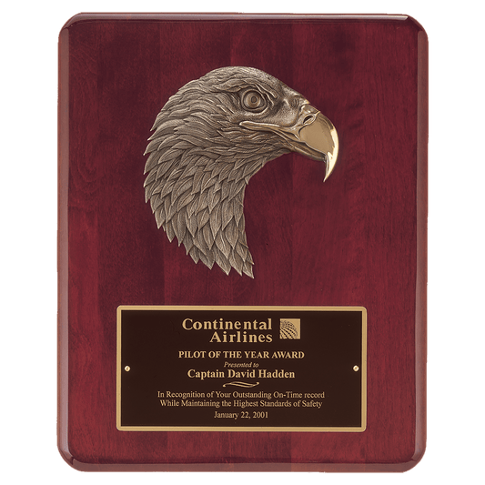 Rosewood piano finish eagle plaque with detailed bronze eagle head casting and black brass engraving plate, 8 by 10.5 inches