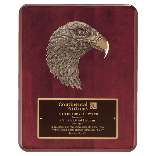 8" x 10 1/2" Rosewood Piano Finish Plaque with Finely Detailed Bronze Eagle Head Casting