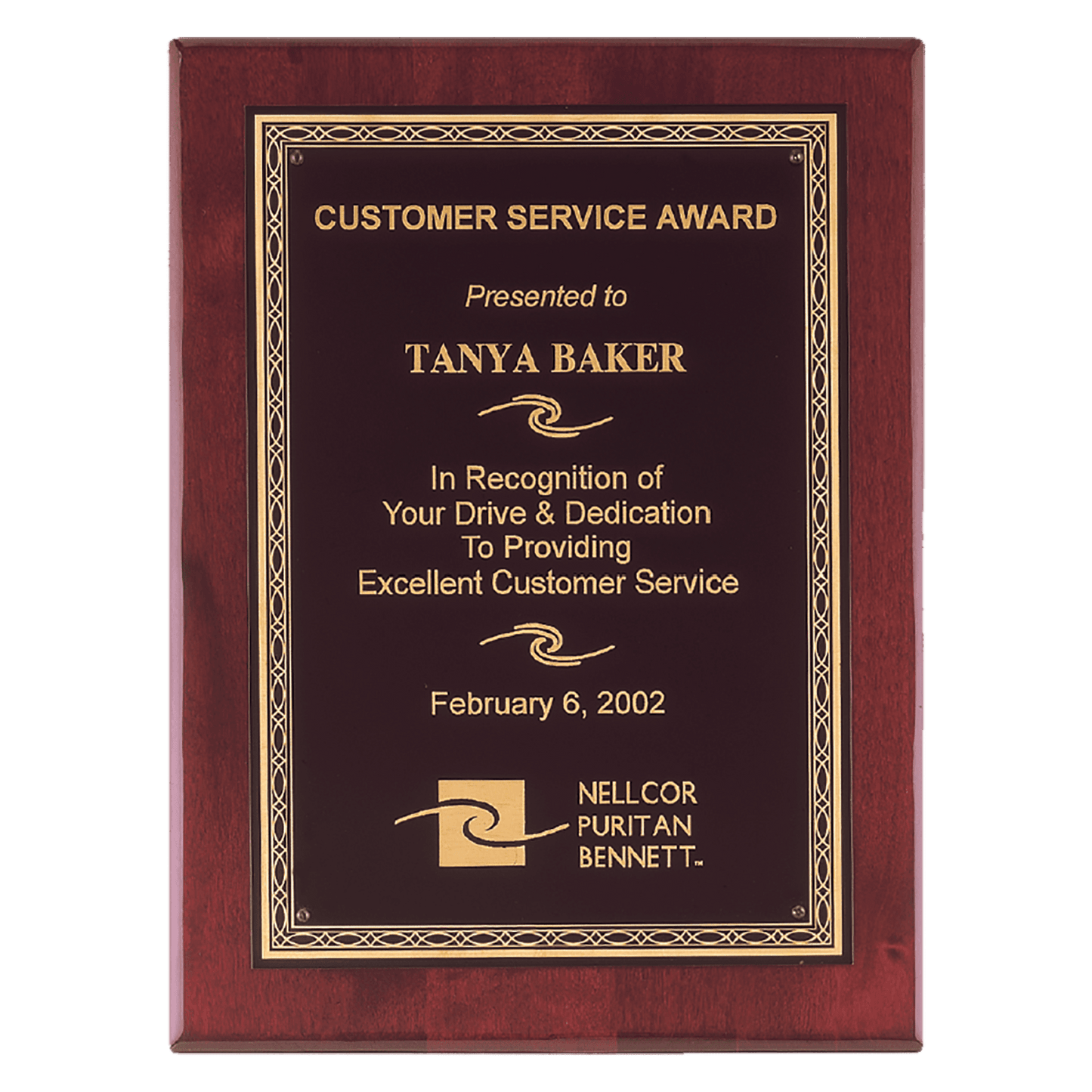 Rosewood Piano Finish Plaque with Gold Florentine Border, 8" x 10" Airflyte Premium