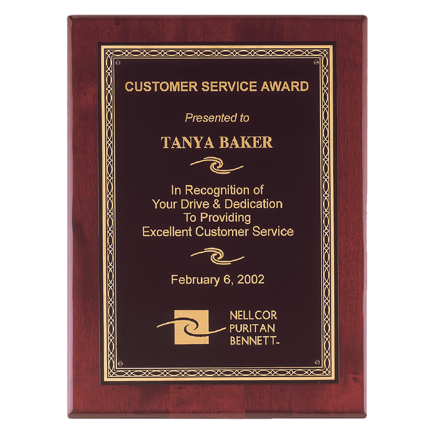 Rosewood Piano Finish Plaque with Gold Florentine Border, 11" x 14" Airflyte Premium