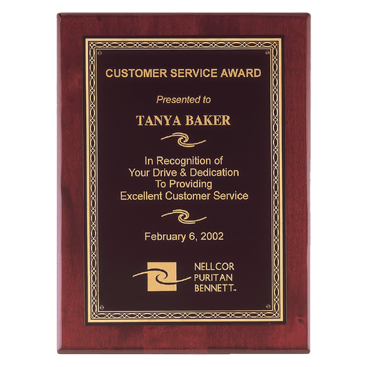 Rosewood Piano Finish Plaque with Gold Florentine Border, 11" x 14" Airflyte Premium