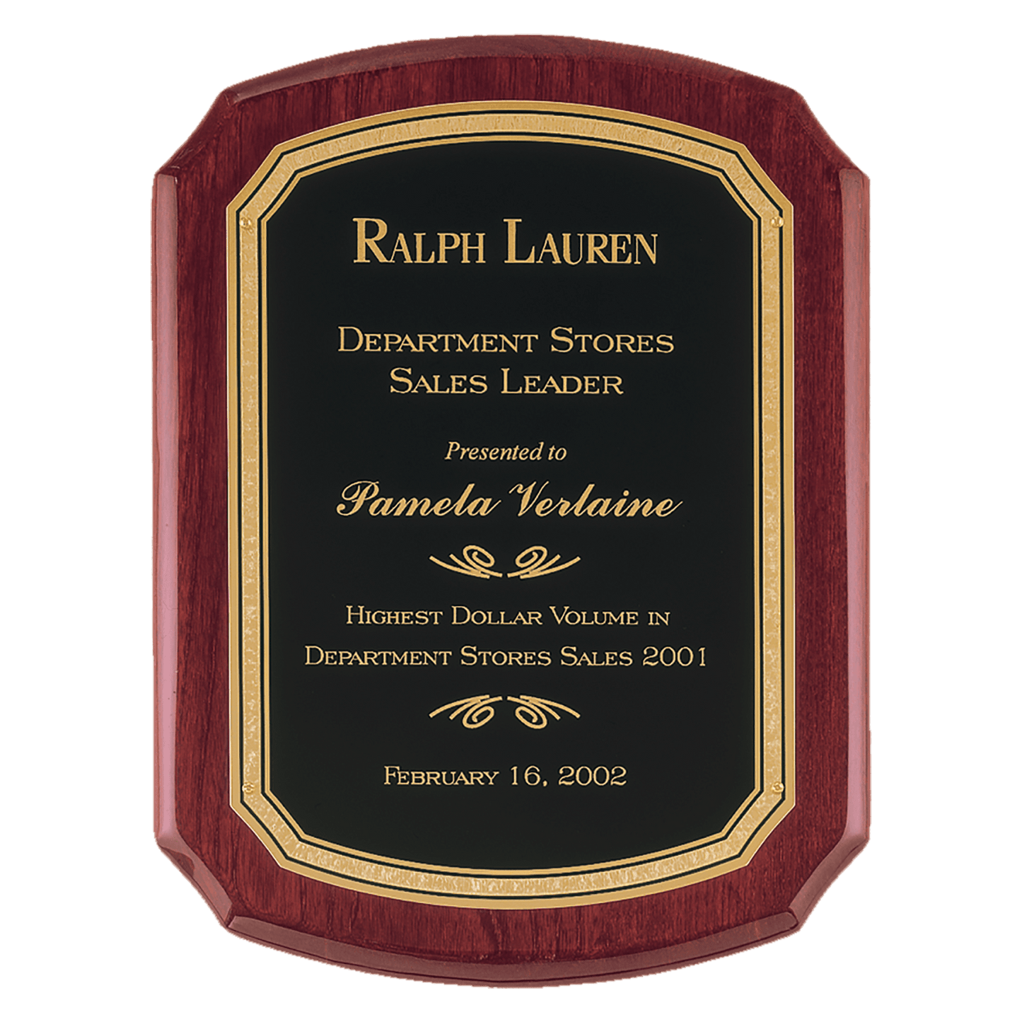 8" x 10 1/2" Airflyte Rosewood Piano Finish Plaque with Black/Gold Florentine Border