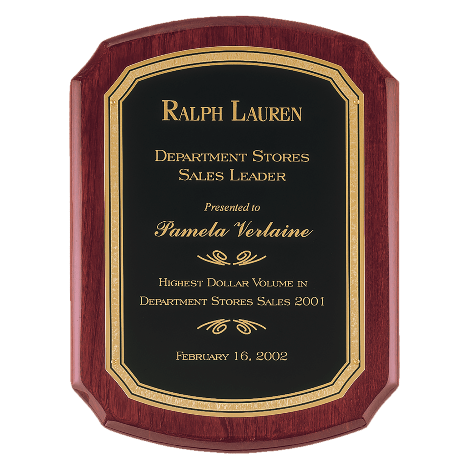 8" x 10 1/2" Airflyte Rosewood Piano Finish Plaque with Black/Gold Florentine Border