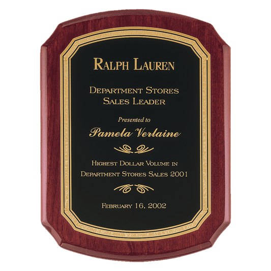 10 1/2" x 13" Airflyte Rosewood Piano Finish Plaque with Black & Gold Florentine Border