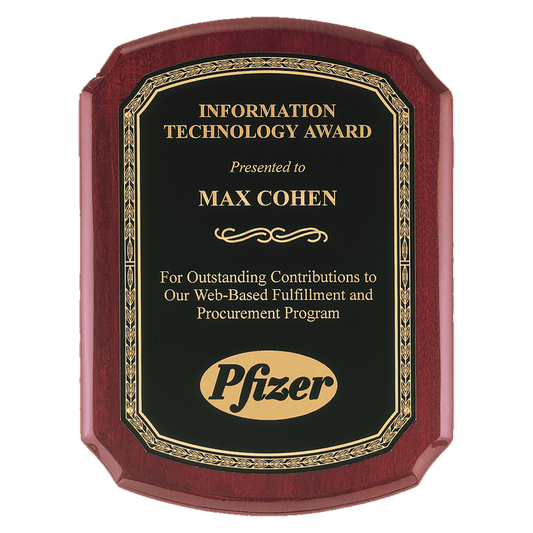 10 1/2" x 13" Airflyte Rosewood Piano Finish Plaque with Black Florentine Gold Border