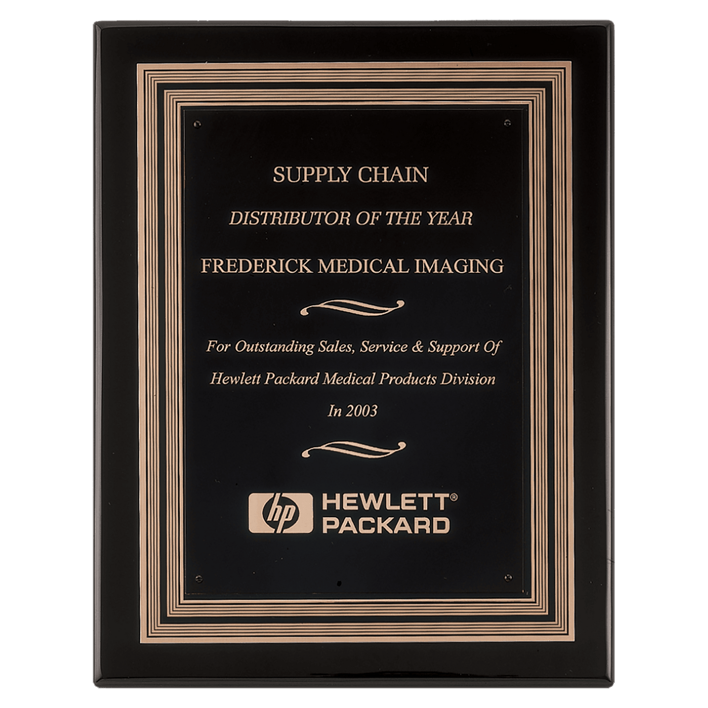 Black piano-finish plaque with black and gold embossed plate