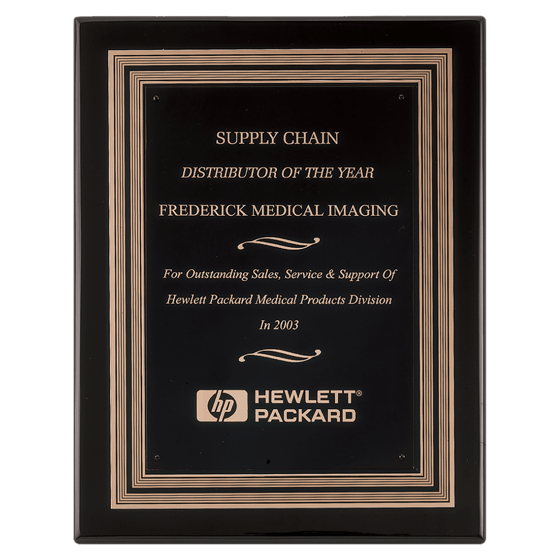 Black piano-finish plaque with black and gold embossed plate