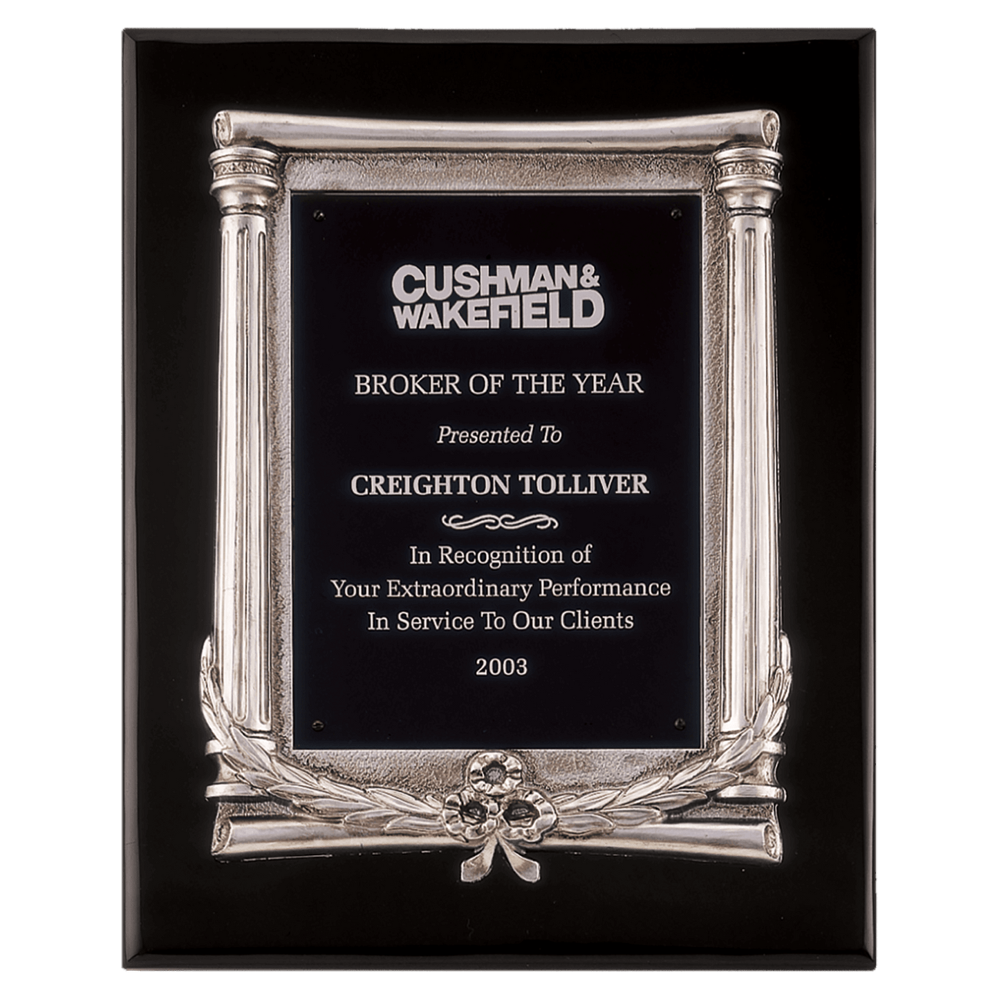 10 1/2" x 13" Black Piano Finish Plaque with Antique Silver Frame