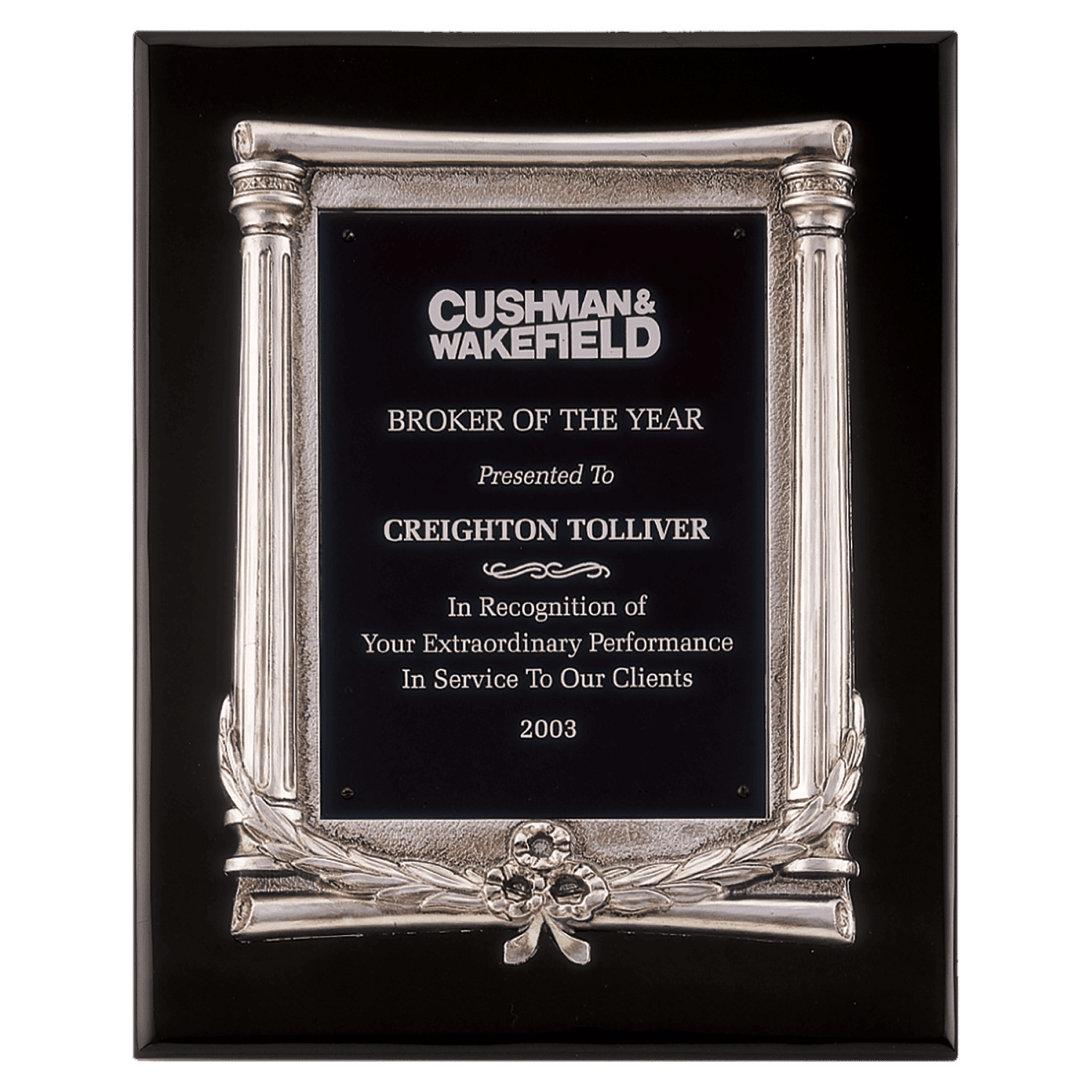 10 1/2" x 13" Black Piano Finish Plaque with Antique Silver Frame