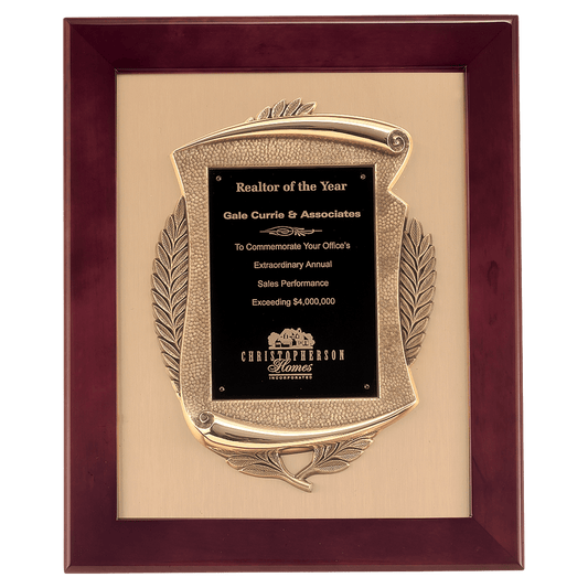 Rosewood piano finish frame with antique bronze casting and black engravable plate on brushed gold metal background, 14 by 17 inches