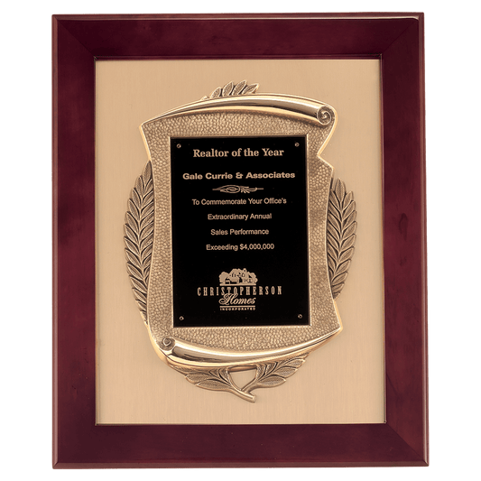 14" x 17" Rosewood Piano Finish Frame with Antique Bronze Casting on Brushed Gold Metal Background