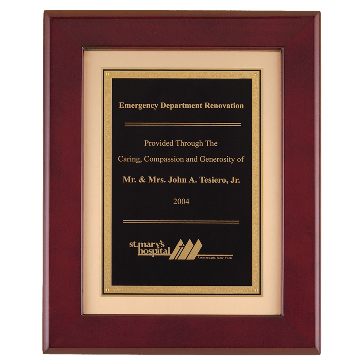 Rosewood piano finish frame with black engravable plate on brushed gold metal background, 12 by 15 inches