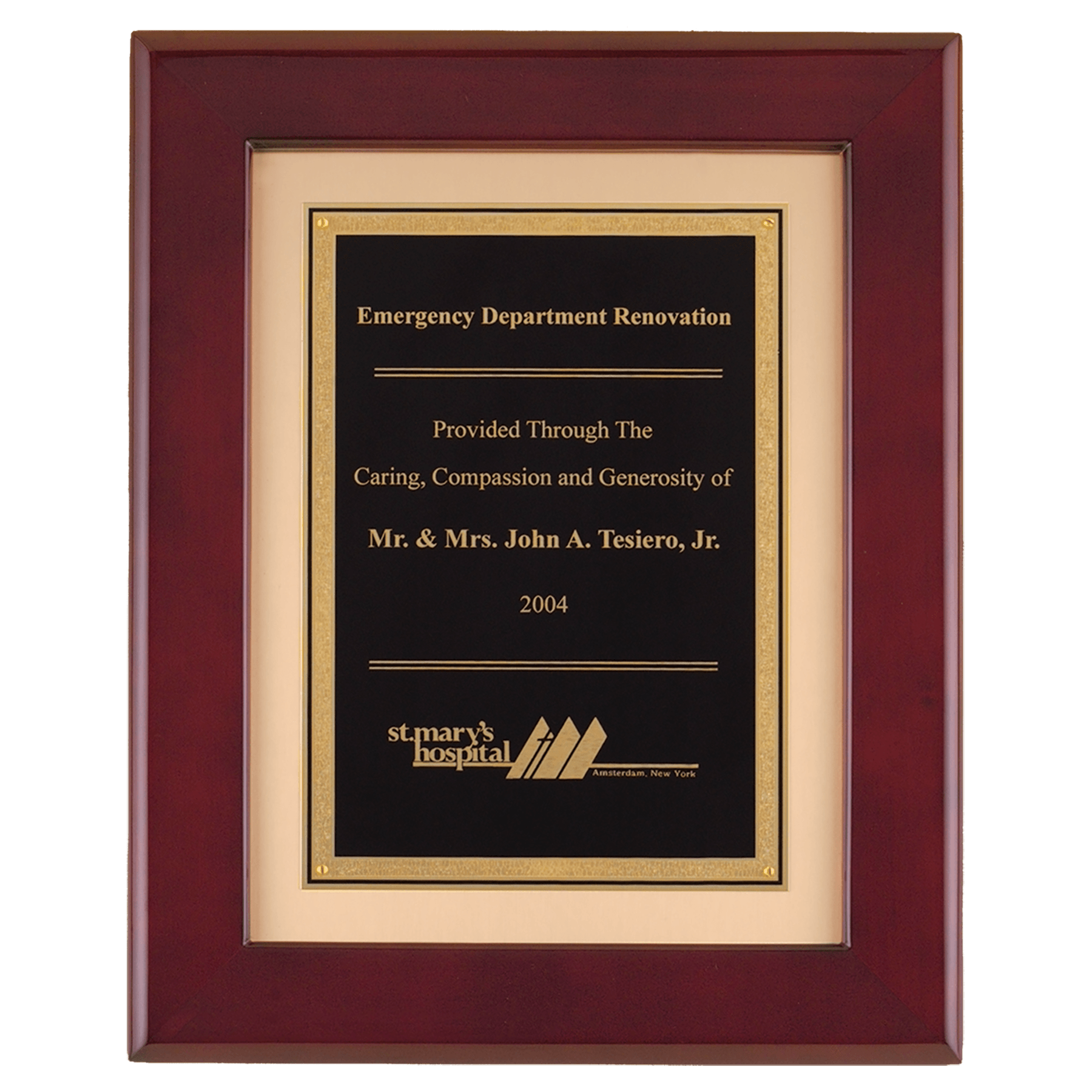 Rosewood piano finish frame with black engravable plate on brushed gold metal background, 12 by 15 inches