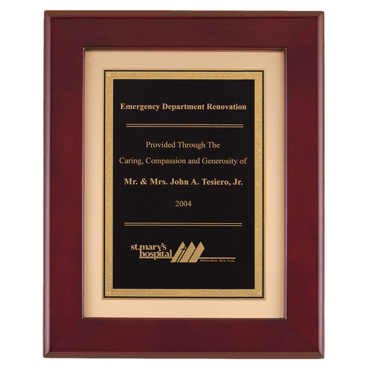 Rosewood piano finish frame with black engravable plate on brushed gold metal background, 12 by 15 inches