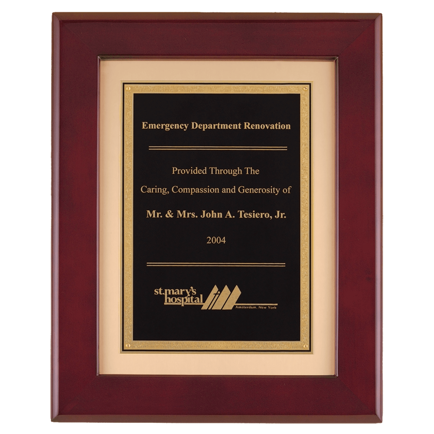 12" x 15" Rosewood Piano Finish Frame with Black Plate on Brushed Gold Metal Background