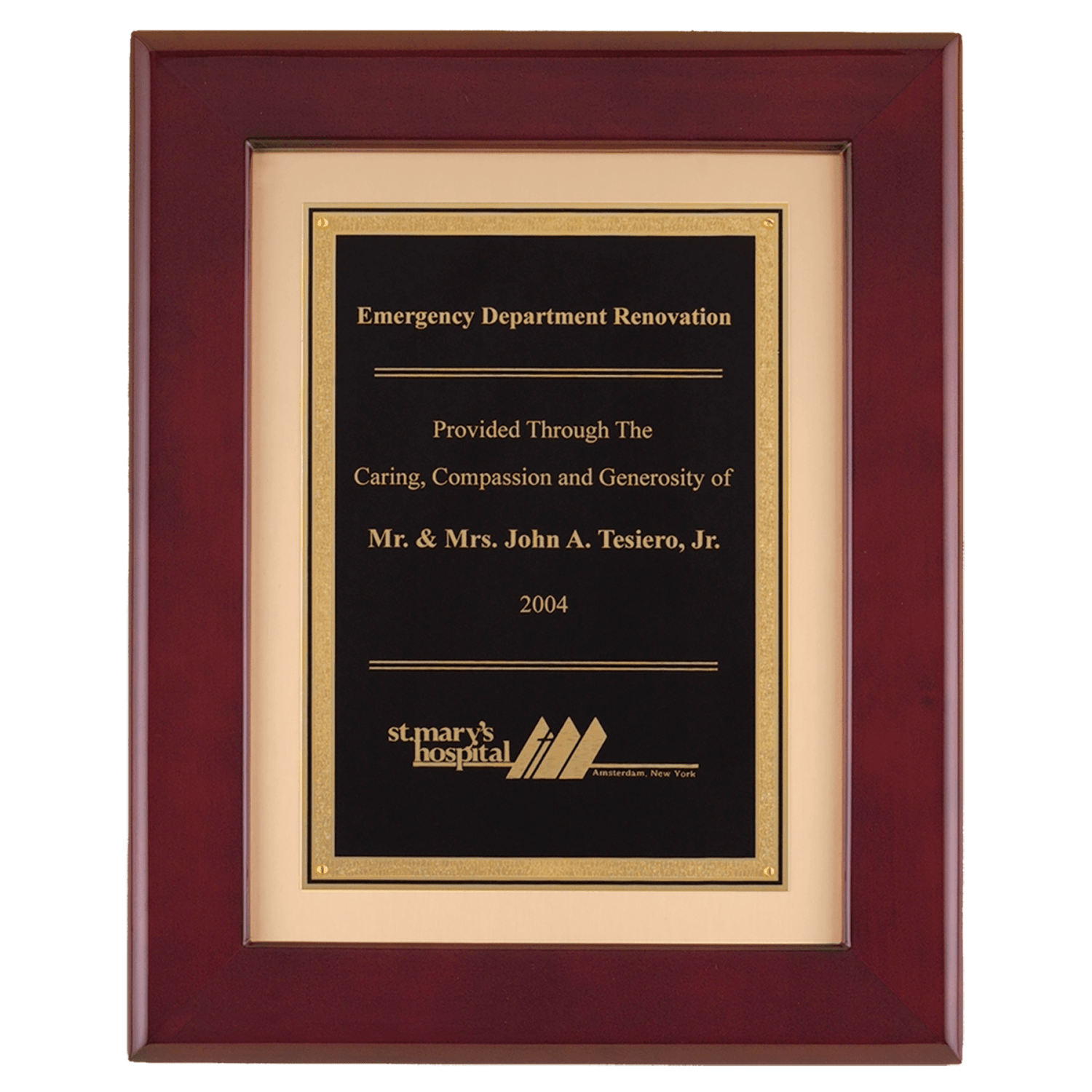 12" x 15" Rosewood Piano Finish Frame with Black Plate on Brushed Gold Metal Background