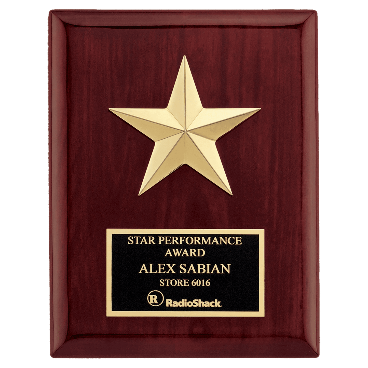 6" x 8" Star Casting with Gabled Points and Goldtone Finish on a Rosewood Piano Finish Plaque