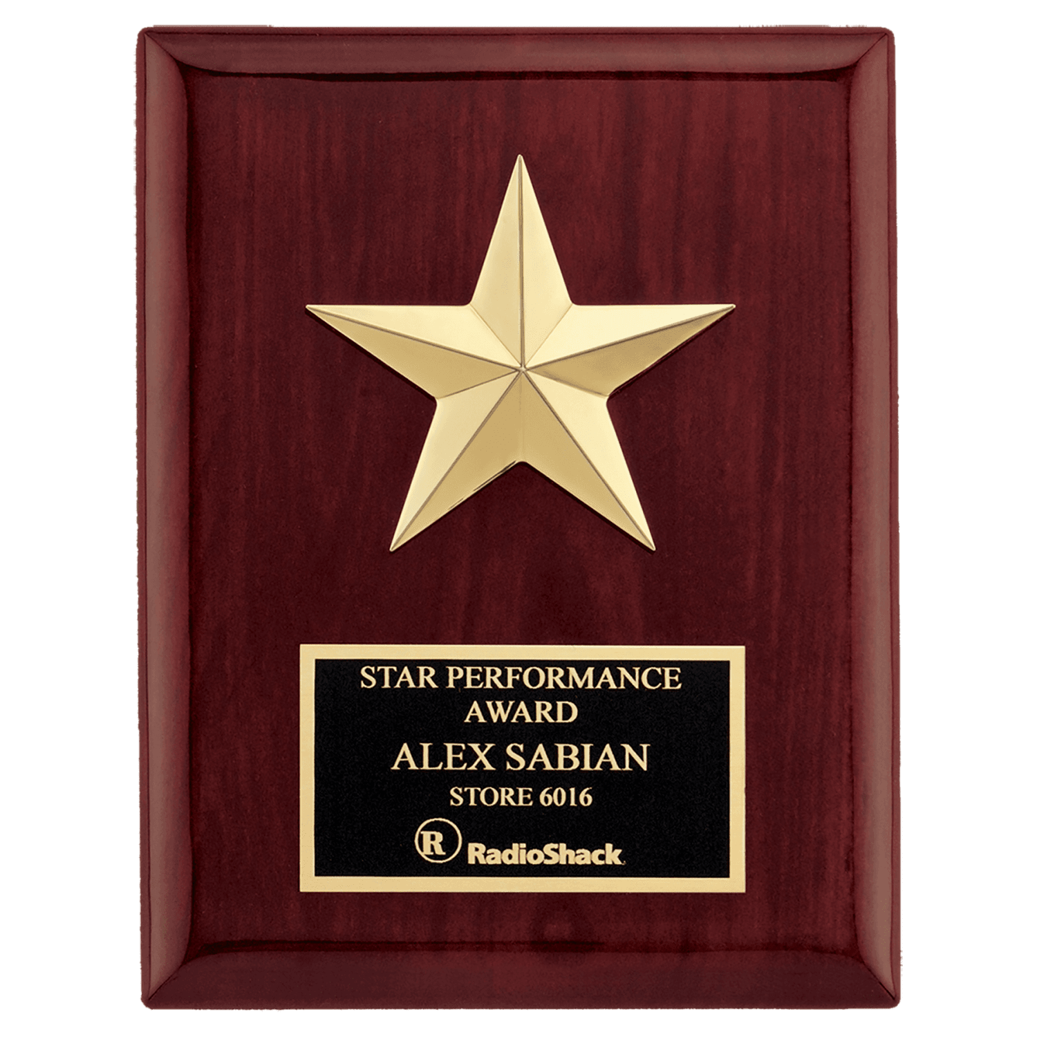6" x 8" Star Casting with Gabled Points and Goldtone Finish on a Rosewood Piano Finish Plaque