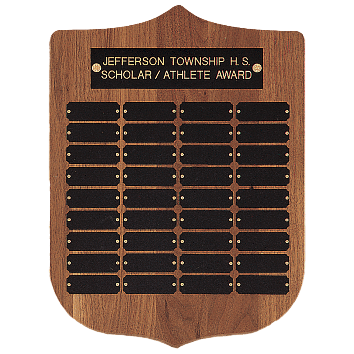 American Walnut Shield Perpetual Plaque - 36 Plates (7/8 inch x 2 1/2 inch)