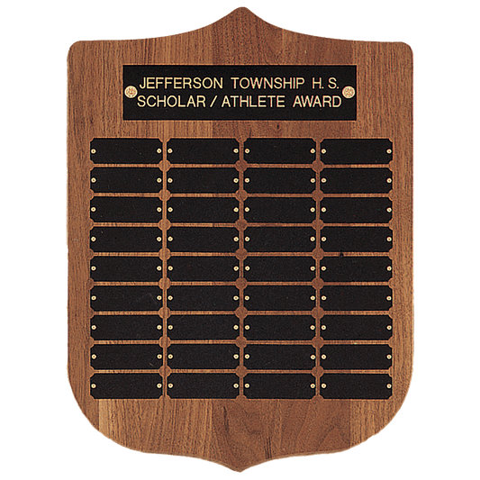 American Walnut Shield Perpetual Plaque - 36 Plates (7/8 inch x 2 1/2 inch)