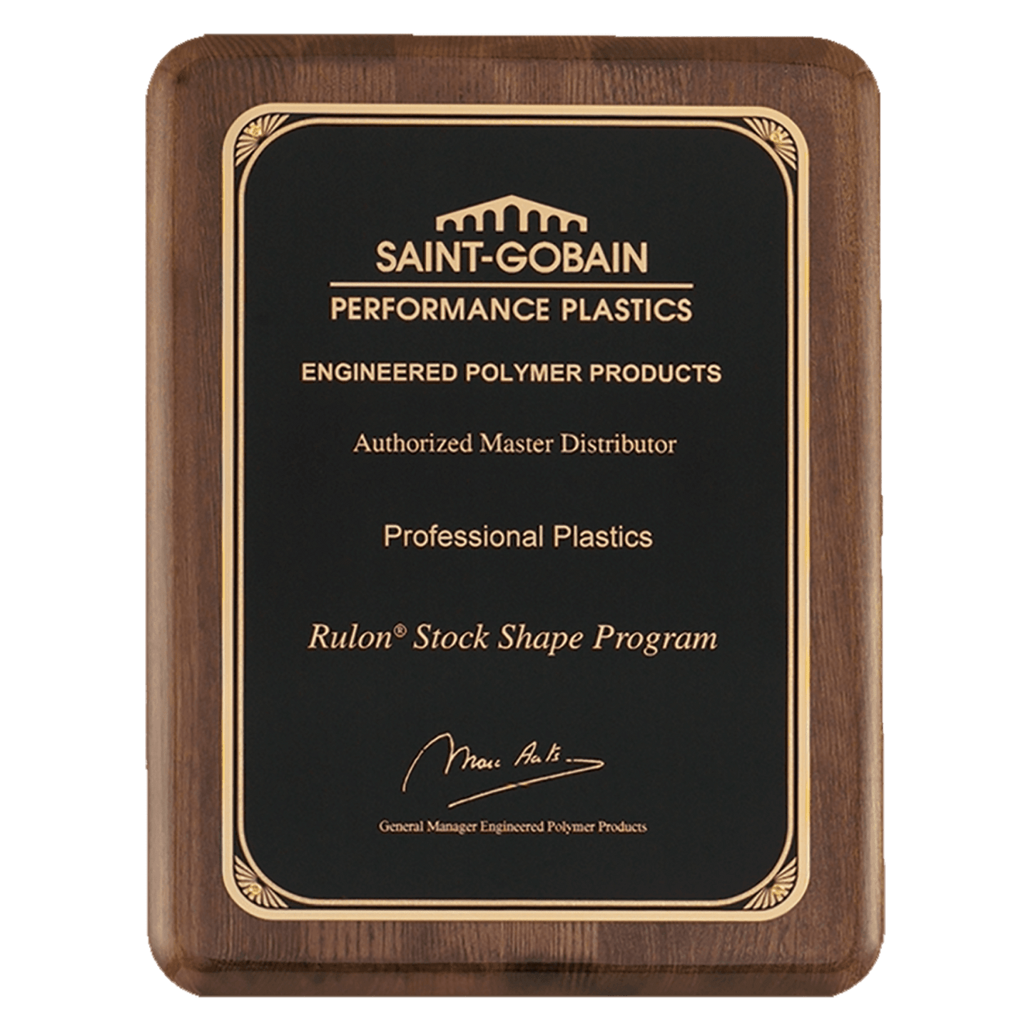 8" x 10 1/2" Airflyte Premium Walnut Piano Finish Plaque with Gold Florentine Border