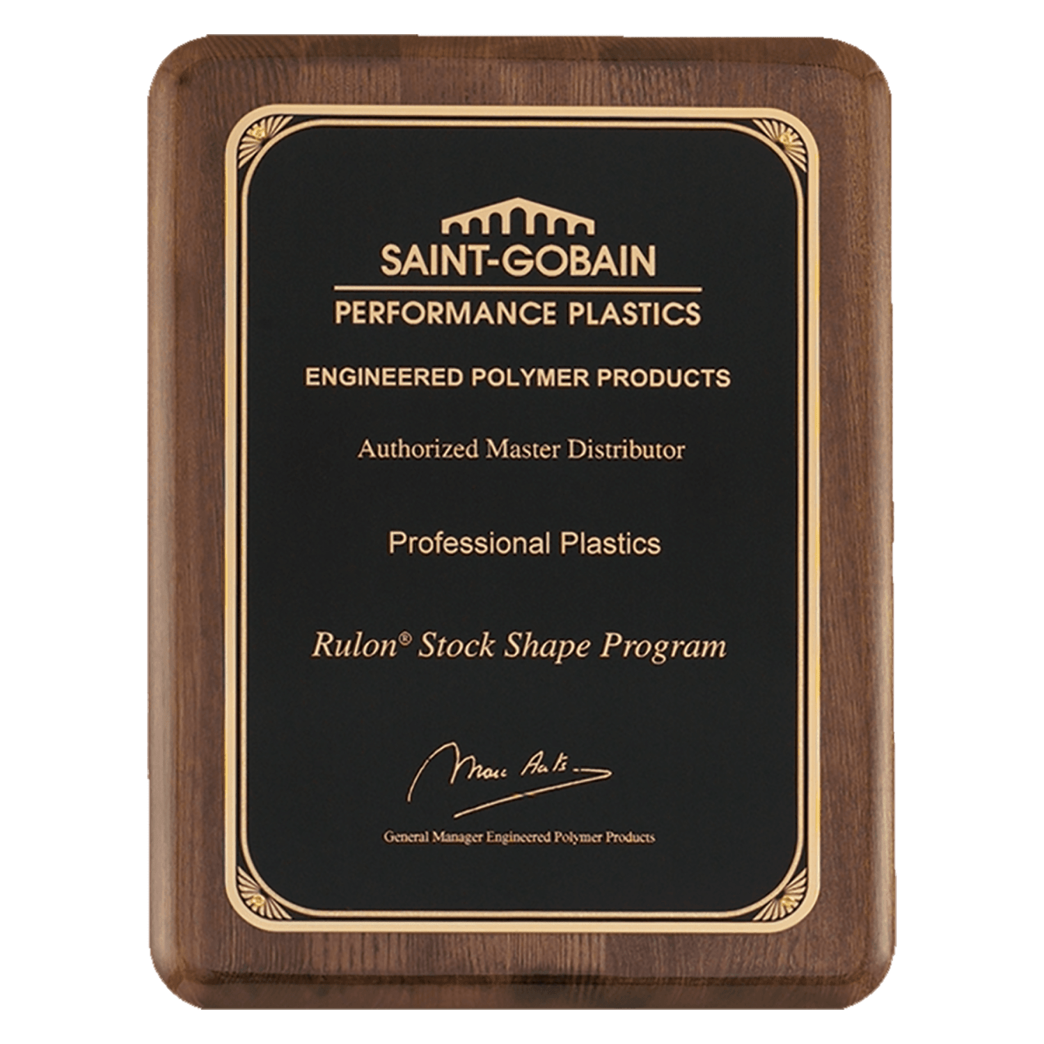 9" x 12" Airflyte Premium Walnut Piano Finish Plaque with Gold Florentine Border