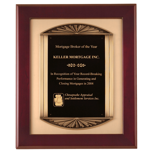 Rosewood piano finish frame with antique bronze frame casting on brushed gold metal background, 14 by 17 inches