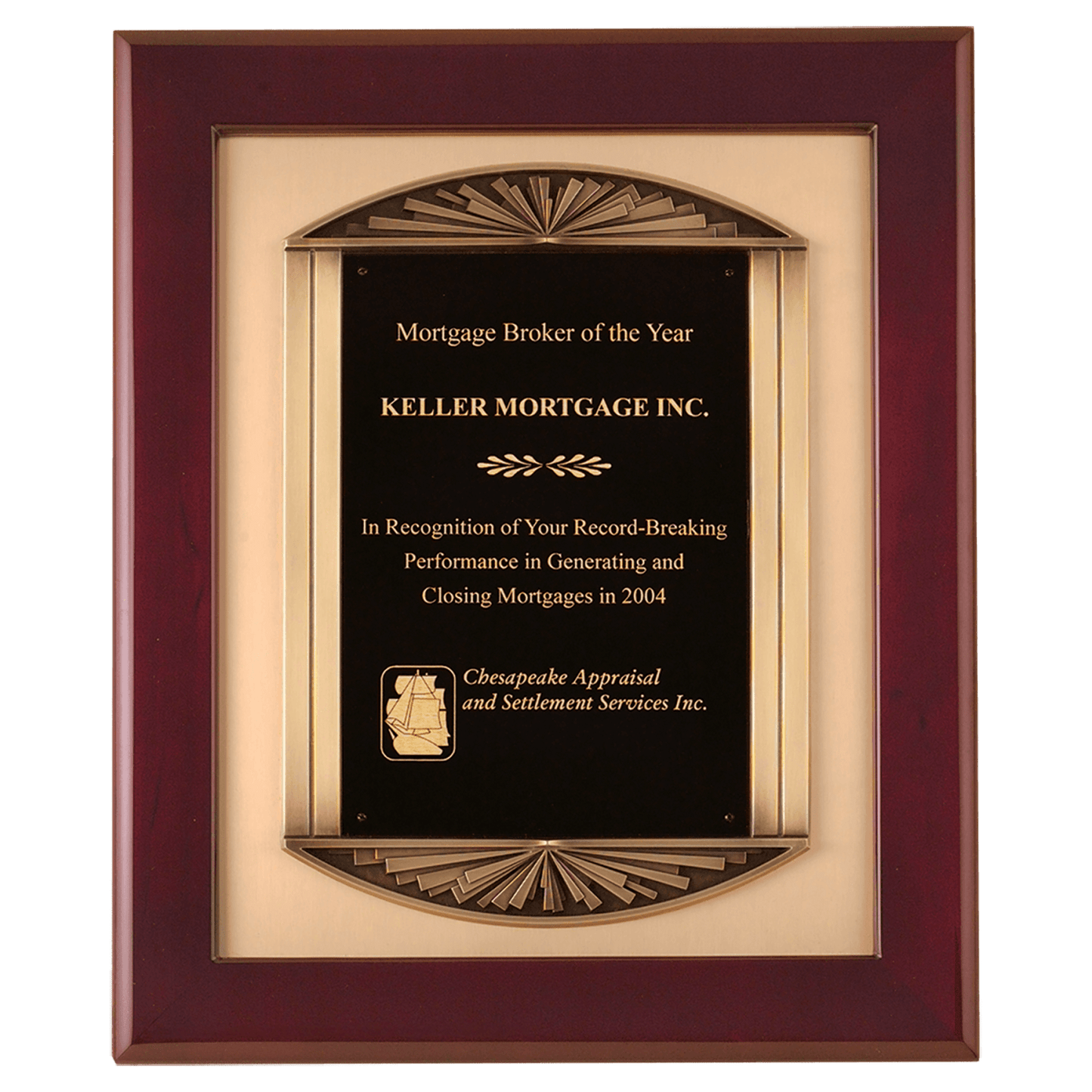 14" x 17" Rosewood Piano Finish Frame with Antique Bronze Casting and Black Plate on Brushed Gold Background