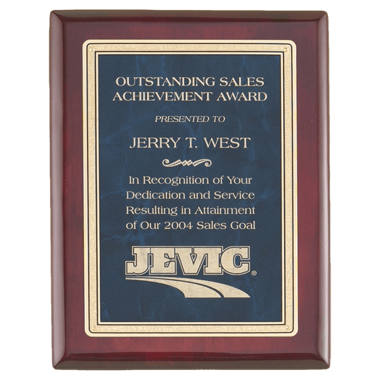 Florentine Rosewood Piano-Finish Plaque - Sapphire Marble/Gold - laser-engraved award plaque