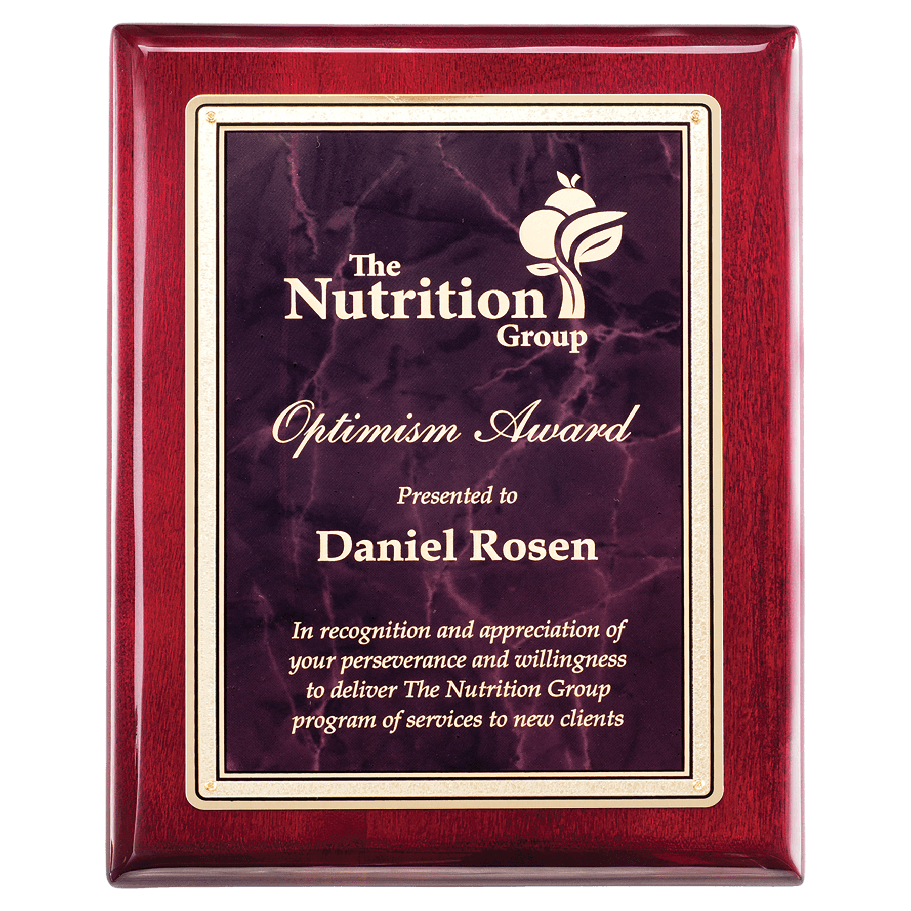 Florentine Rosewood Piano-Finish Plaque - Ruby Marble/Gold - laser-engraved award plaque