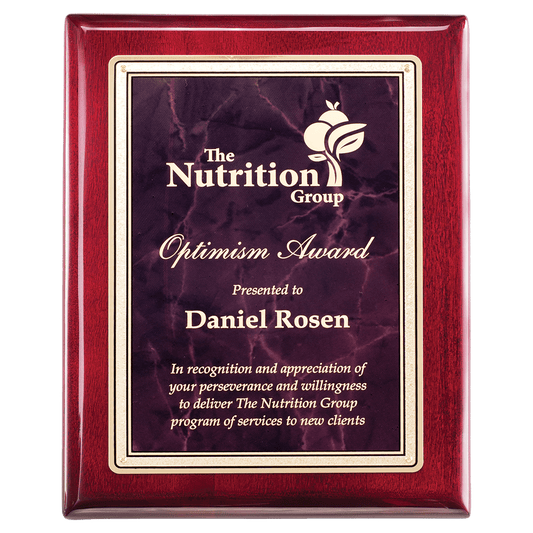 Florentine Rosewood Piano-Finish Plaque - Ruby Marble/Gold - laser-engraved award plaque