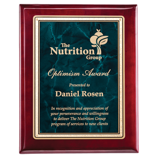 Florentine Rosewood Piano-Finish Plaque - Emerald Marble/Gold - laser-engraved award plaque