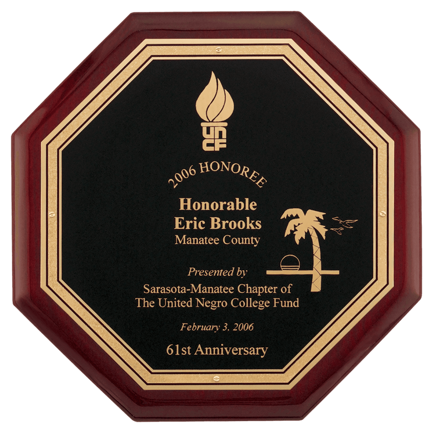 10" x 10" Octagonal Rosewood Piano Finish Plaque with Black Florentine Plate