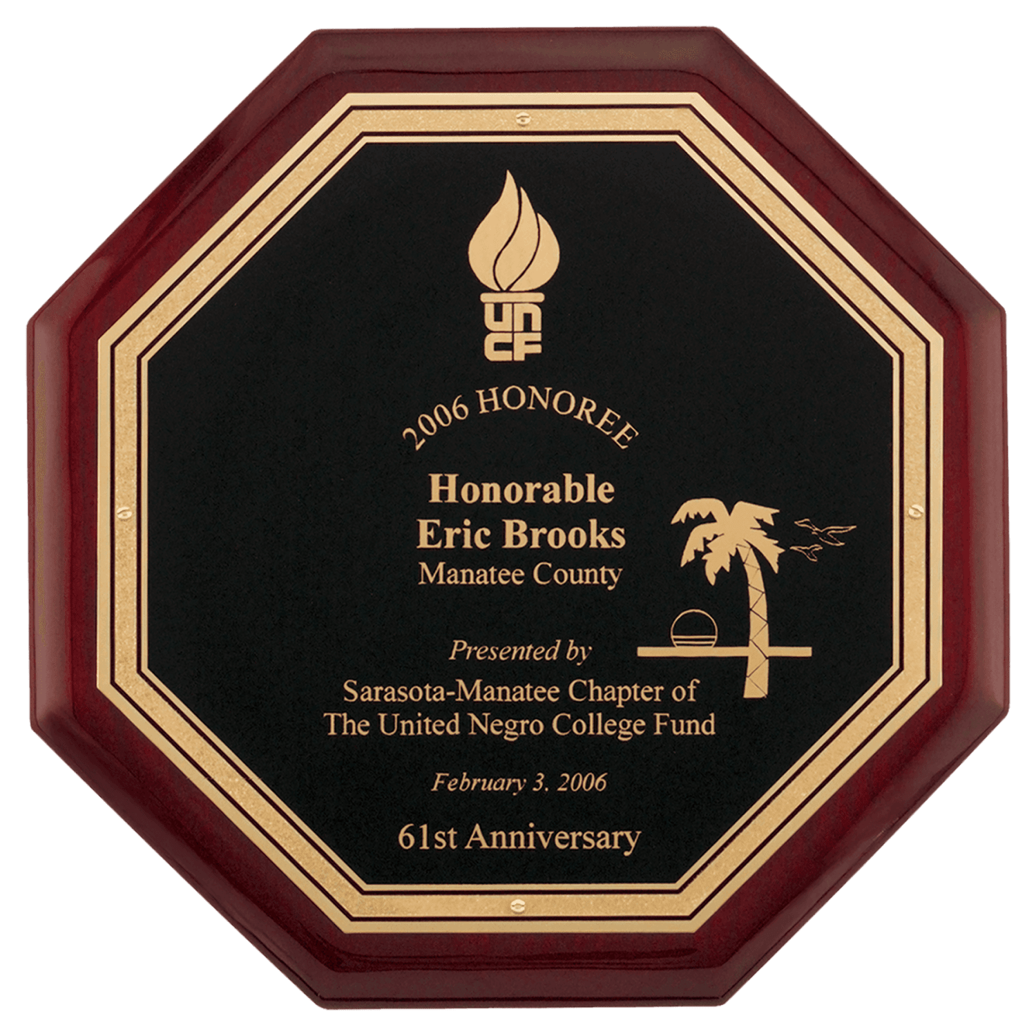 10" x 10" Octagonal Rosewood Piano Finish Plaque with Black Florentine Plate