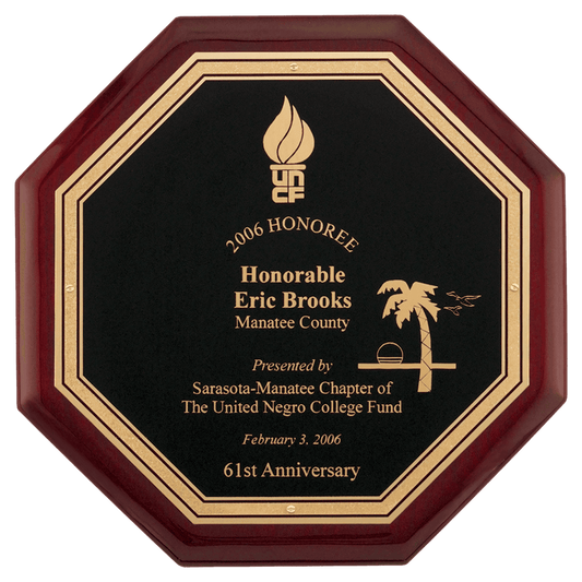 10" x 10" Octagonal Rosewood Piano Finish Plaque with Black Florentine Plate