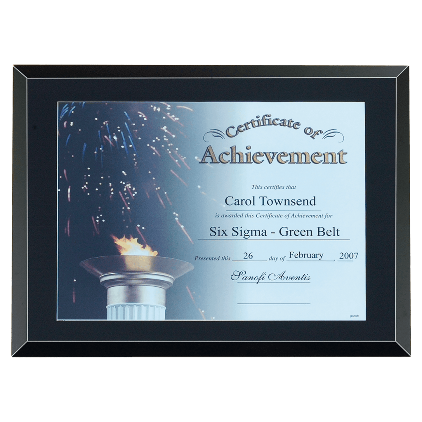 Black glass 11 by 14 inch certificate plaque with easy open and close backing holding an 8.5 by 11 inch certificate