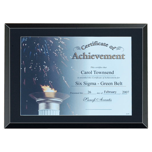 Black glass 11 by 14 inch certificate plaque with easy open and close backing holding an 8.5 by 11 inch certificate