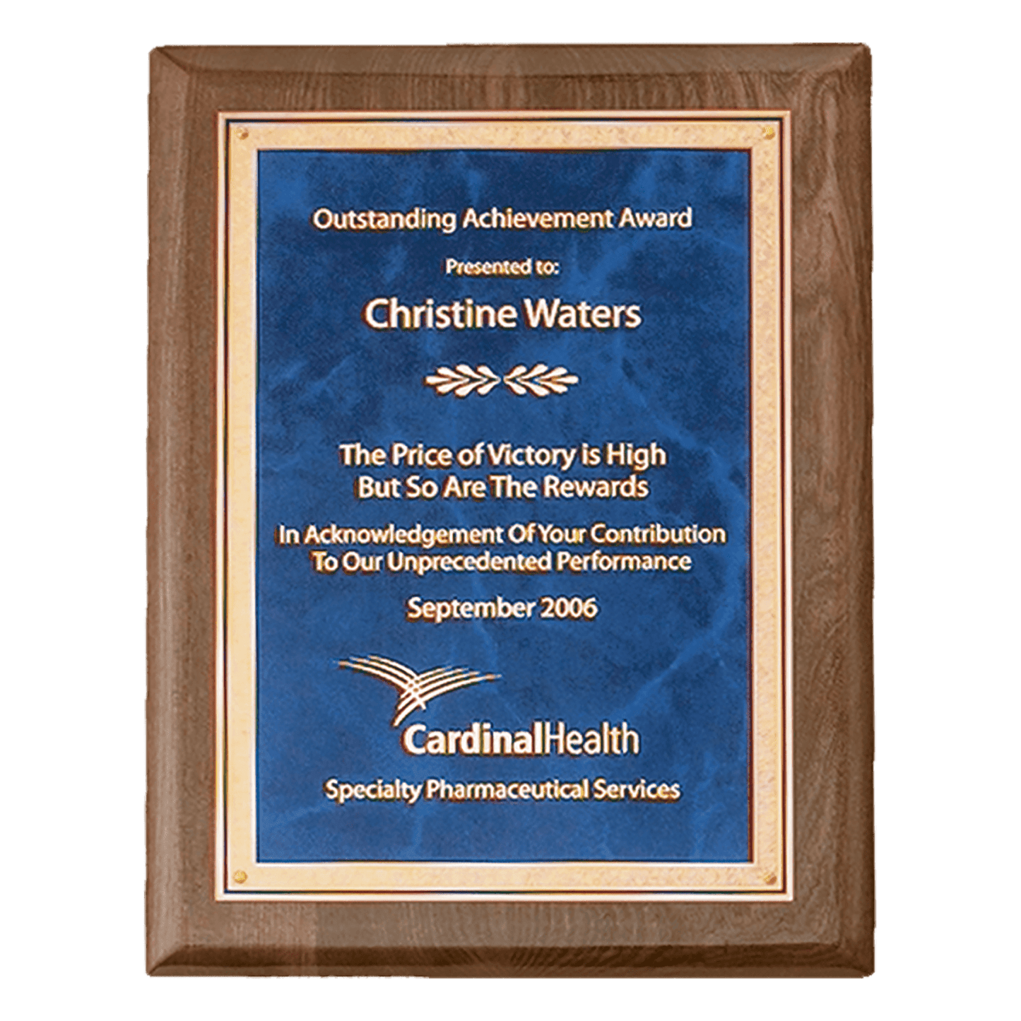 9" x 12" Airflyte Premium Walnut Piano Finish Plaque with Gold Florentine Border & Sapphire Marble