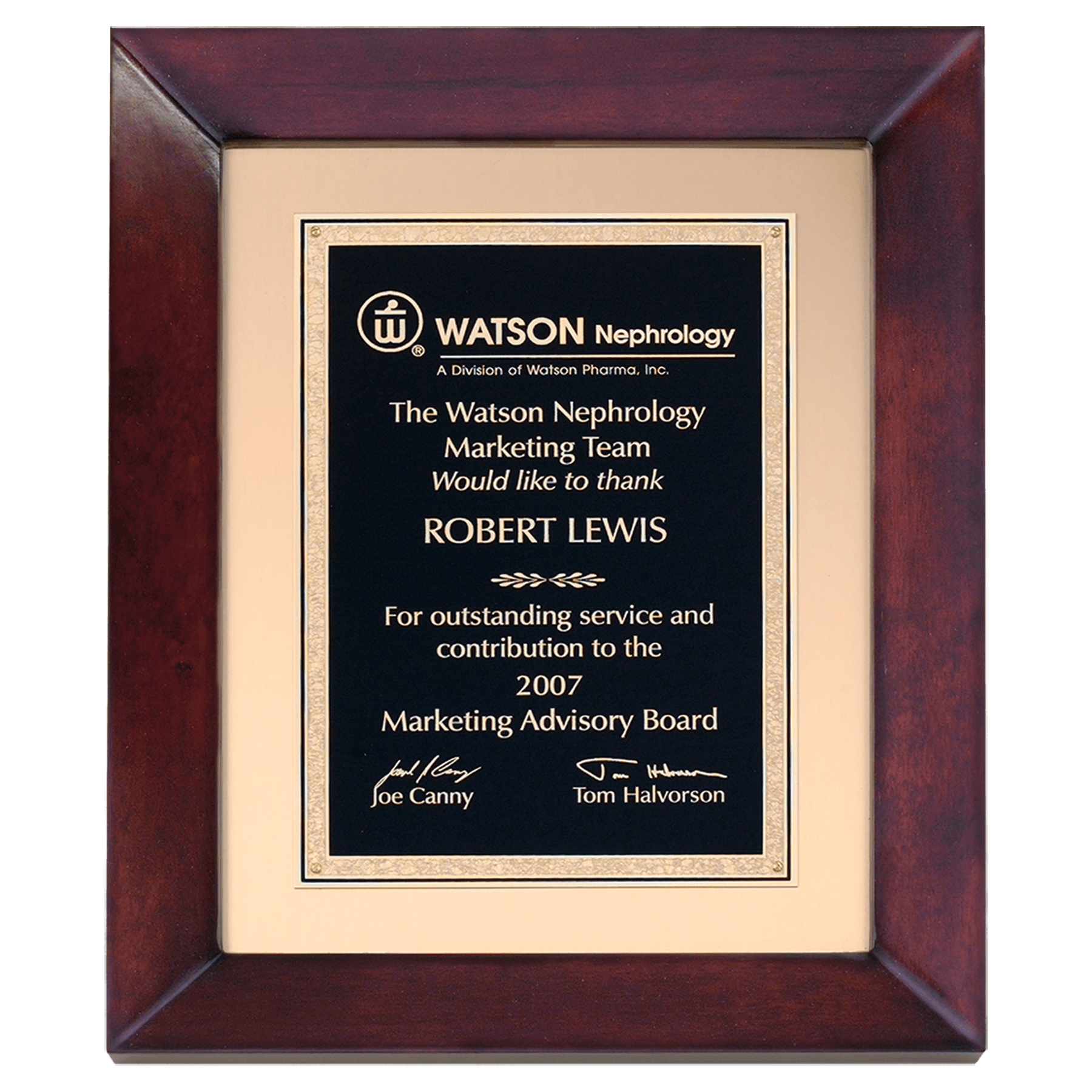 Airflyte cherry finish frame with gold metal background and black and gold Florentine engravable plate, 12 by 15 inches