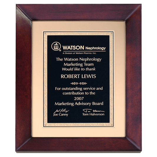 Airflyte cherry finish frame with gold metal background and black and gold Florentine engravable plate, 12 by 15 inches