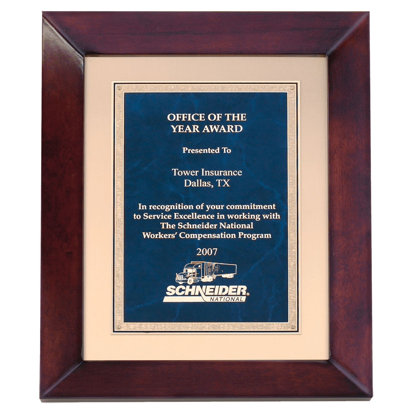 Airflyte cherry finish frame with gold metal background and sapphire marble Florentine engravable plate, 12 by 15 inches