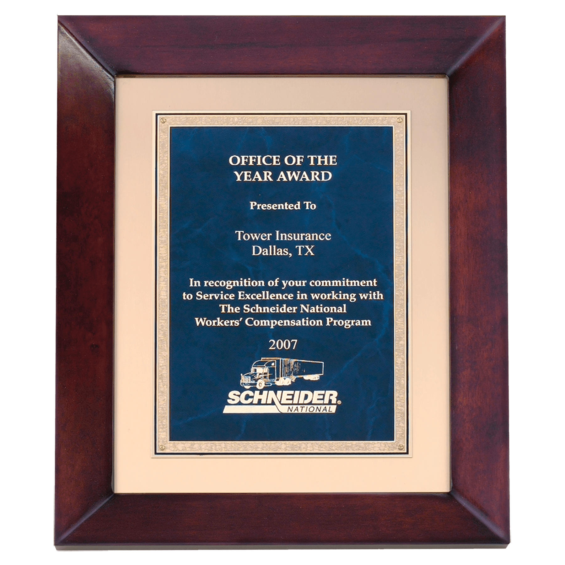Airflyte cherry finish frame with gold metal background and sapphire marble Florentine engravable plate, 12 by 15 inches