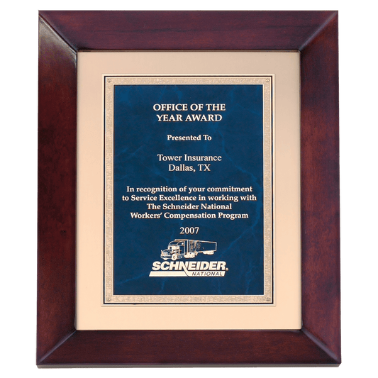 Airflyte cherry finish frame with gold metal background and sapphire marble Florentine engravable plate, 12 by 15 inches