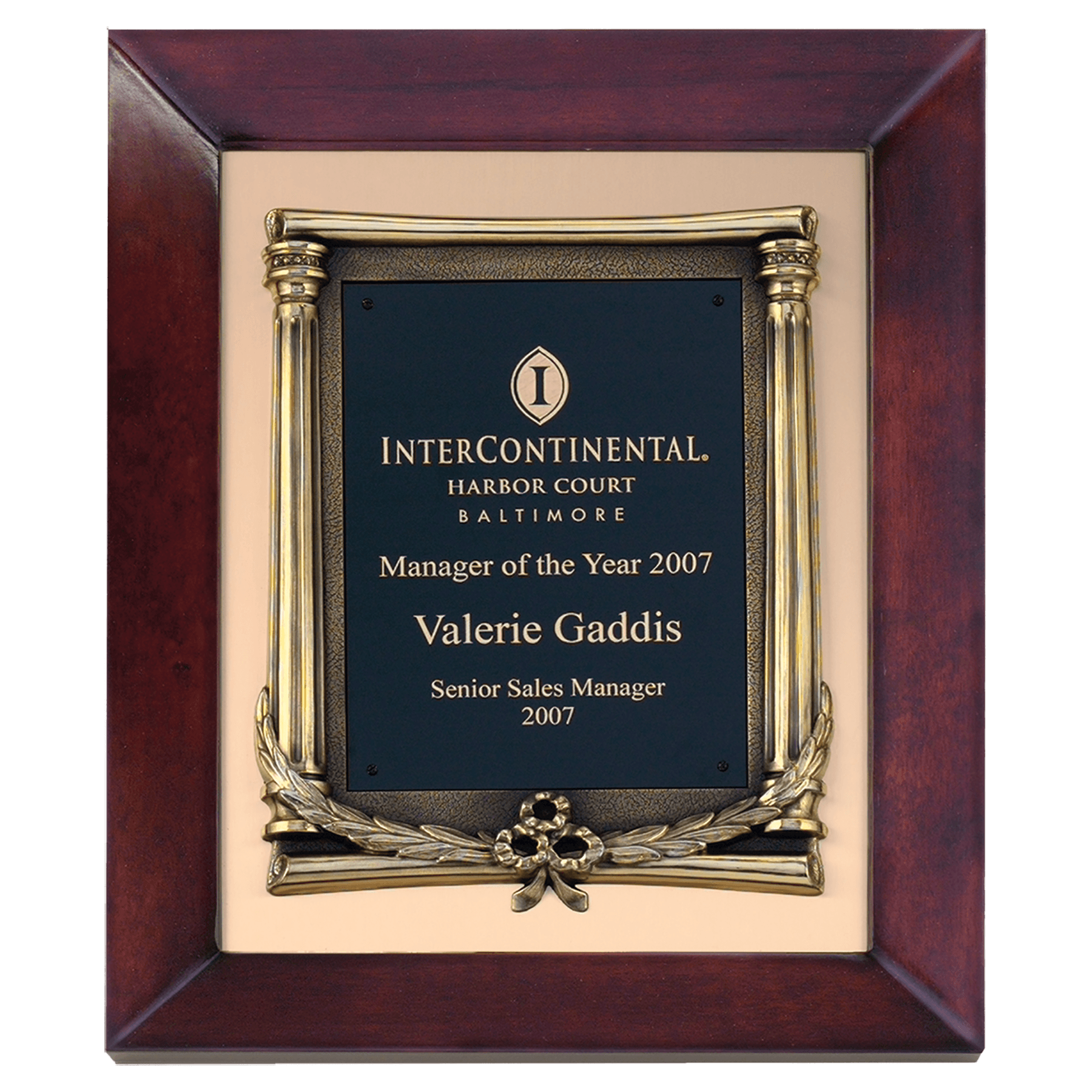 Airflyte cherry finish frame with antique bronze finished metal frame on brushed gold metal background, 12 by 15 inches