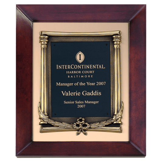 Airflyte cherry finish frame with antique bronze finished metal frame on brushed gold metal background, 12 by 15 inches