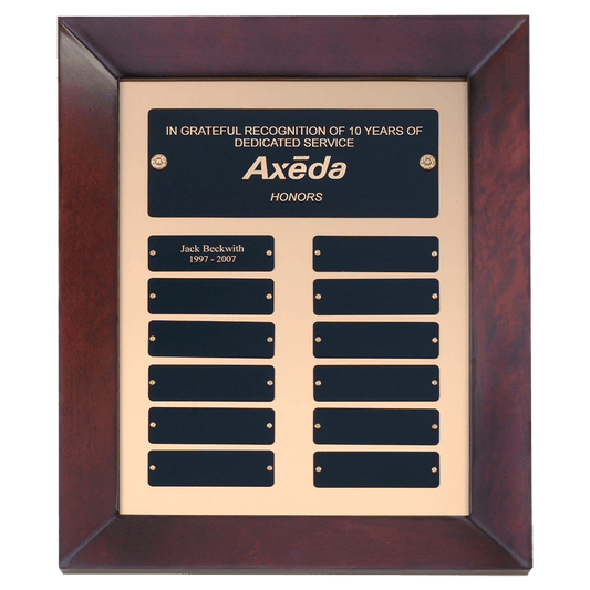 Cherry Finish Perpetual Plaque - 12 Black Plates on Brushed Gold Back
