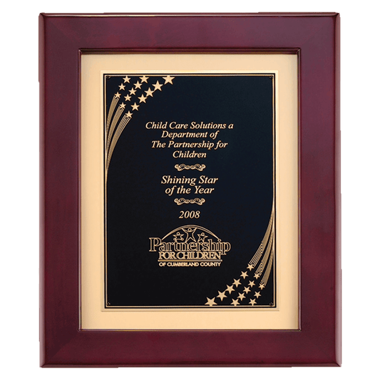 Airflyte rosewood piano finish frame with gold metal background and Florentine star border engravable plate, 12 by 15 inches