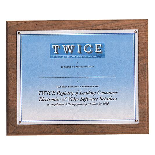 Solid walnut 10.5 by 13 inch certificate plaque with clear plexiglass cover holding an 8.5 by 11 inch certificate
